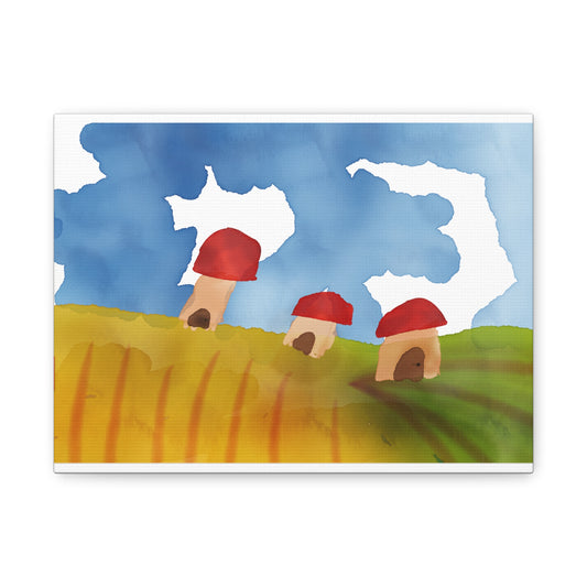 Mushroom houses in field